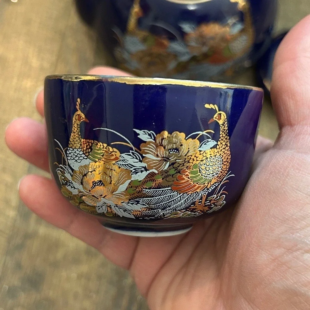 Vintage Blue Asian Porcelain Teapot/Lid Wrapped Handle Gold Pheasant 3 Cups